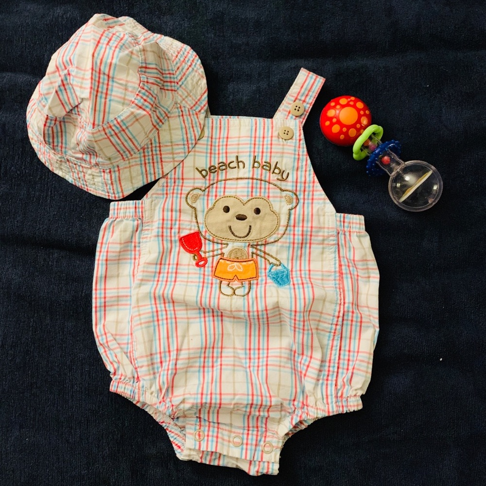 Baby boy summer romper with matching hat